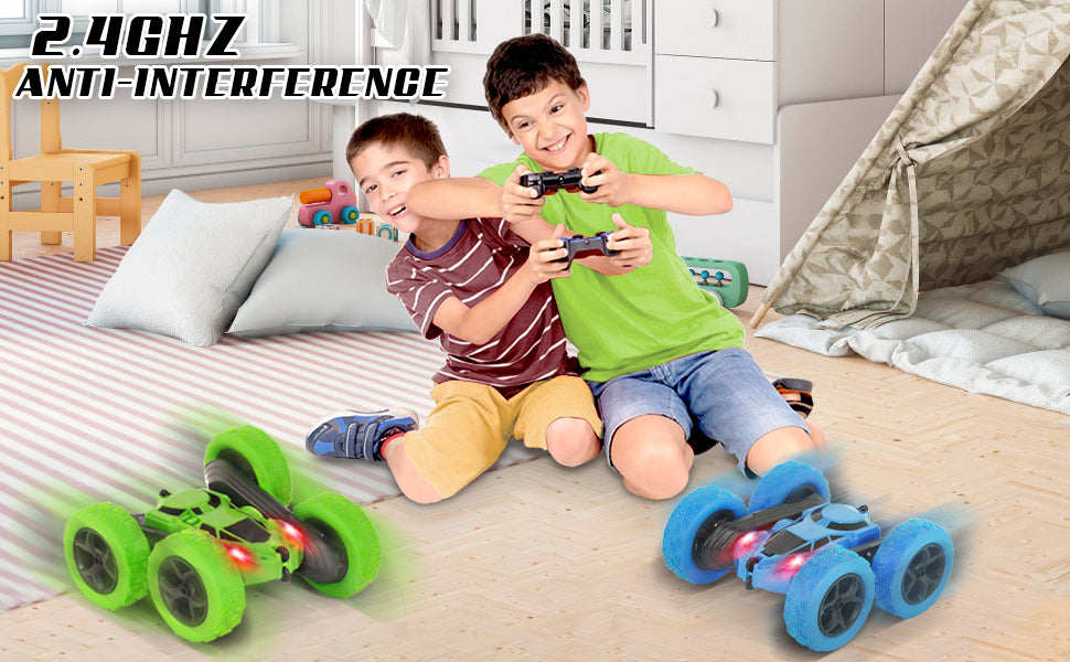 Remote Control Car, RC Race Car Toy, Stunt RC Cars, 90 Min Playtime, 2.4Ghz Double Sided 360ø Rotating RC Crawler with Headlights, 4WD Off Road Drift RC Race Car Toy for Boys and Girls Aged 6-12 Green, Blue - Toyigo