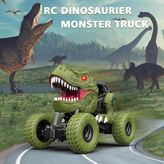 Remote Control Dinosaur Car, 2.4Ghz All Terrain Remote Control Dinosaur Truck with Light, Rechargeable 4WD Off Road RC Car Toys for Kids - Toyigo