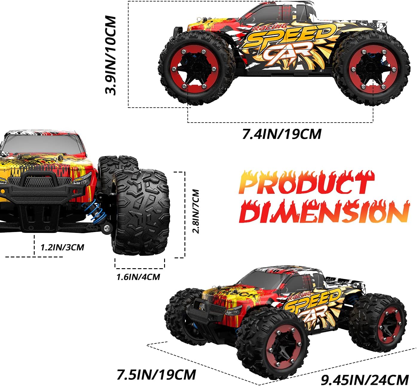 RC Cars,  High Speed Remote Control Car, Fast 2.4GHz All Terrains Toy Trucks, 2 Batteries for 40Min Play, for Adults Kids 30+MPH, 1:16 Scales 4WD Off Road RC Monster Truck, for Adults Kids 30+MPH - Toyigo