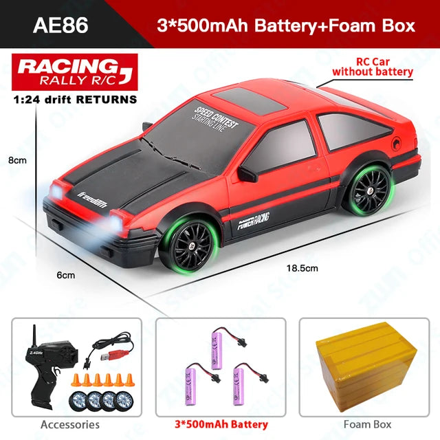 RC Car, RC Drift Car 1/24 2.4GHz 4WD Remote Control Sport Racing On-Road Vehicle with LED Light, Professional Racing Toys GTR Model AE86 for Children's - Toyigo