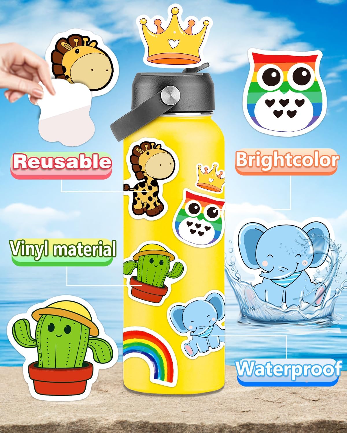 2000 Pcs Stickers, Water Bottle Stickers for Teens, Cute Kawaii Vinyl Phone Laptop Skateboard Animal Waterproof Stickers  for Kids, Bulk Aesthetic Sticker Packs for Boys Girls Teacher