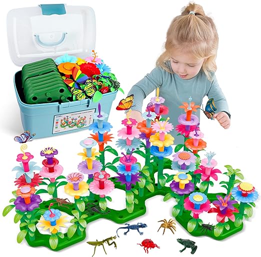 Dinosaur Flower Garden Building Blocks, Fine Motor Skill Stacking Games, Easter Basket Ideas STEM Toys for Kids Age 2+,Birthday Toys Gifts for 2 3 4 5 6 Years