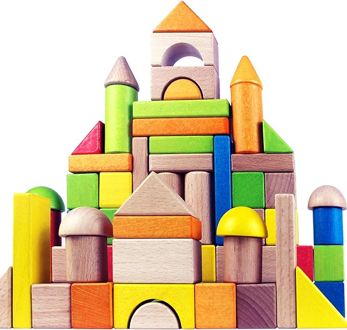 Wooden Building Blocks Set, Stacker Stacking Game Construction Toys Set Preschool Colorful Learning Educational Toys - Geometry Wooden Blocks for kids 3+ Year Old Boys & Girls