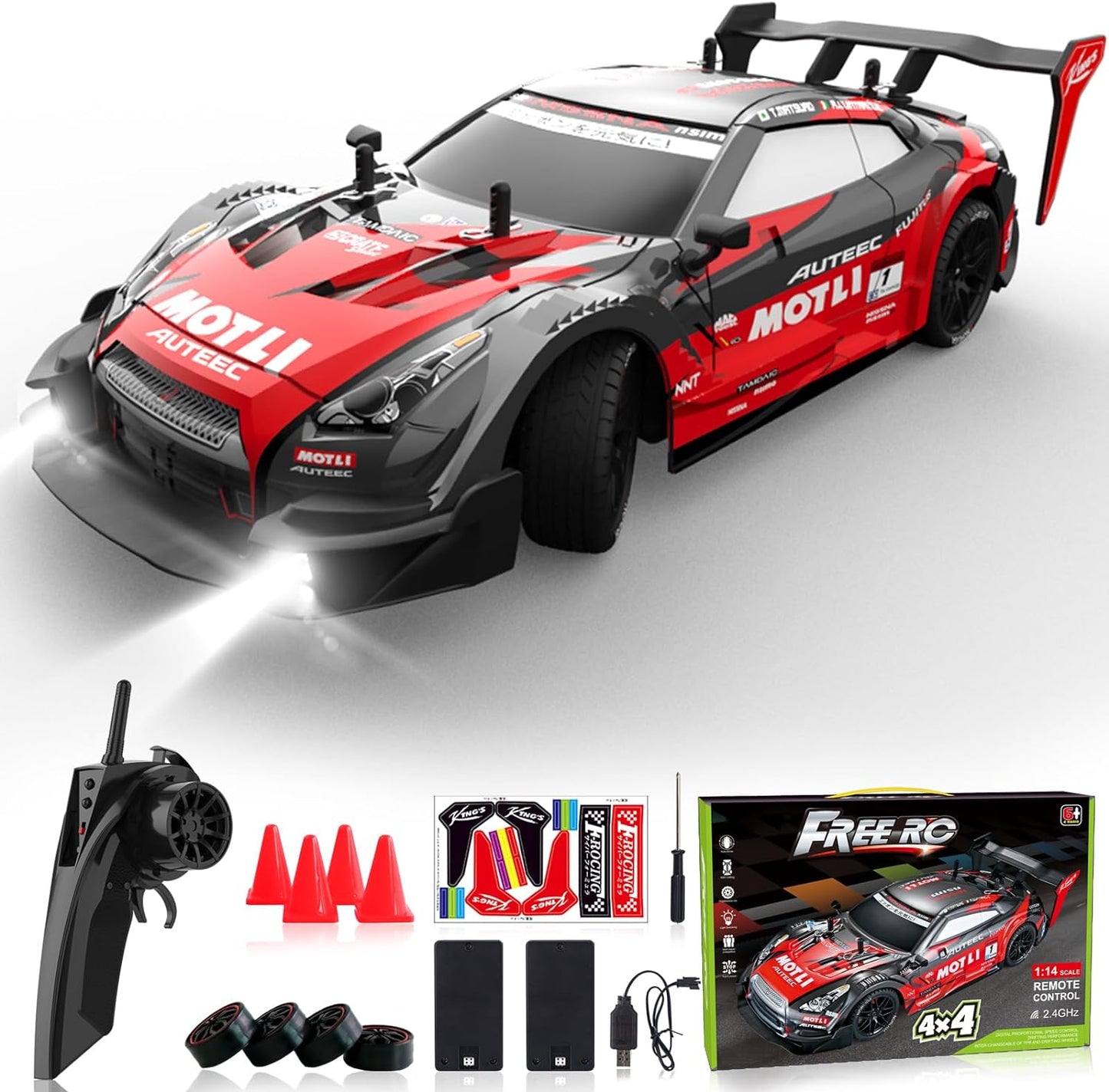 Remote Control Car, RC Drift Car,  1:16 Scale 4WD RC Car with LED Lights, 2.4GHz 30km/h RTR High Speed Racing Sport Toy Car, Adults Boys Girls Kids Gift 2Pcs Rechargeable Battery - Toyigo