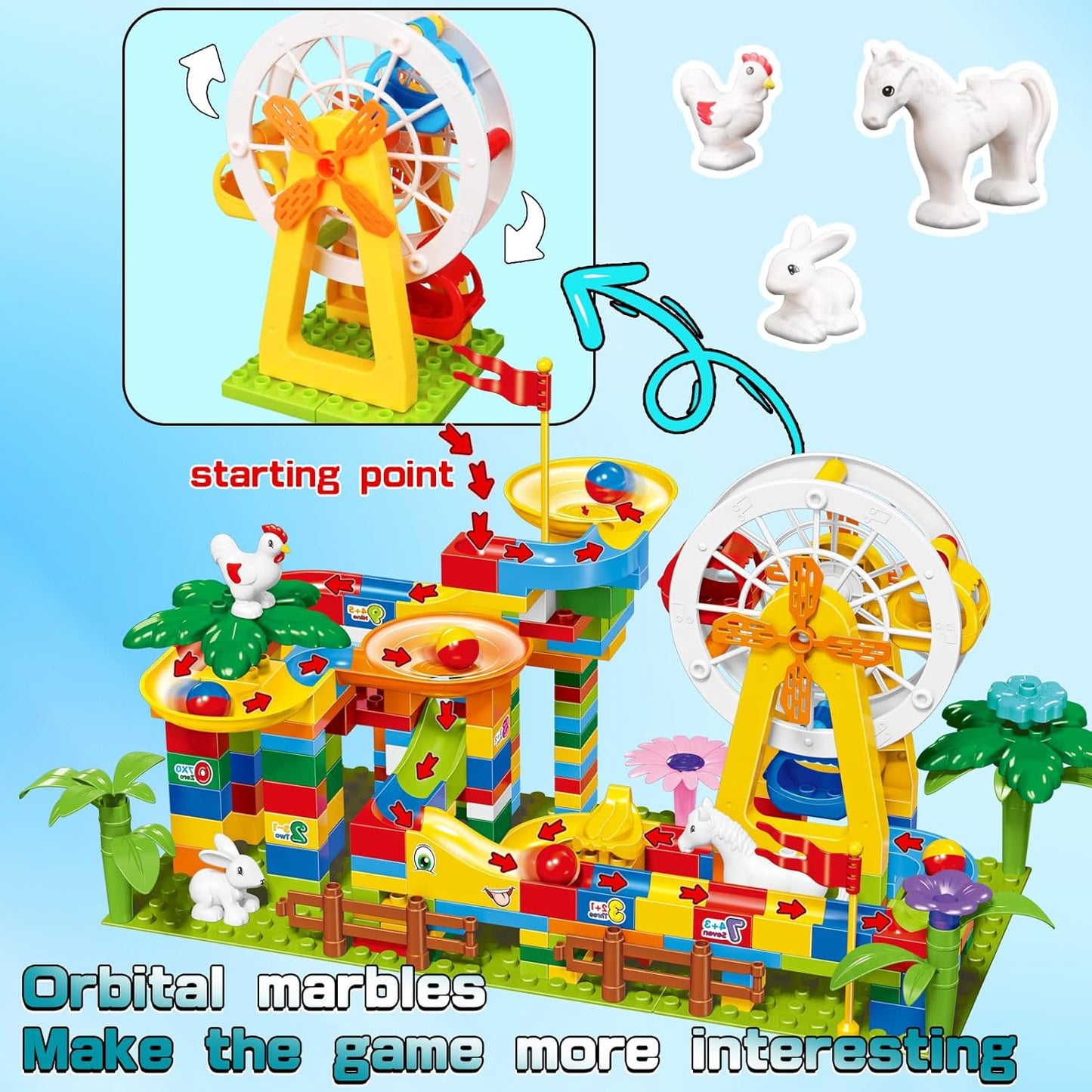 Marble Run, 247 PCS Ferris Wheel Marble Maze Game Building Toy Set,  Race Track with Animals Compatible with Major Brands, Marble Run Building Blocks for Kids Ages 3+, for Boys and Girls Christmas