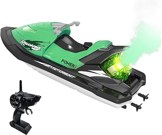 RC Jet SKI Boat, 2.4G Remote Control Boat for Pools & Lakes, Toy Boat Battery/Dual Motors/Low Power Prompt/Waterproof, Boats for Kids & Adults with Spraying Function In (Blue, Green, Red) - Toyigo