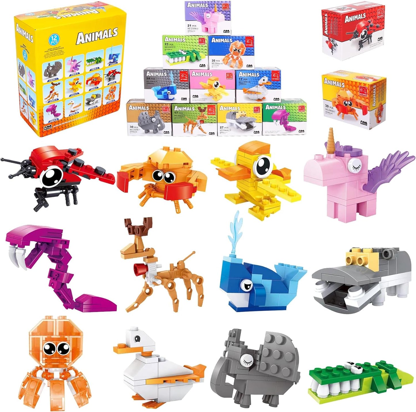 Animal Block Toys, 12PCS Mini Building Blocks Animal, Building Sets Stem Toys, Assorted Mini Animals Building Blocks Sets for Goodie Bags, Prize,Cake Topper, 12PCS Sea Animal Mini Building Blocks, Filled Eggs Toys, Classroom Prize Toys,Cake Topper