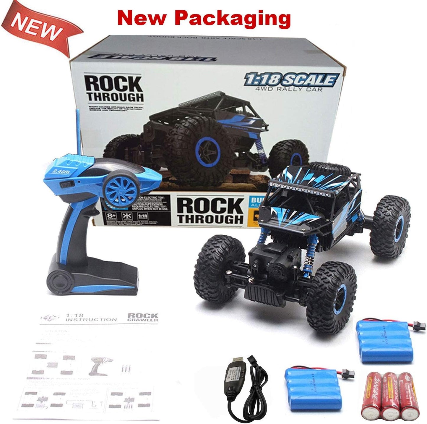 Remote Control Car, 2.4Ghz 4WD All Terrain RC,  Rock Crawler Monster Truck With 2 Batteries, Remote Control Car for Kids Boys, Blue - Toyigo