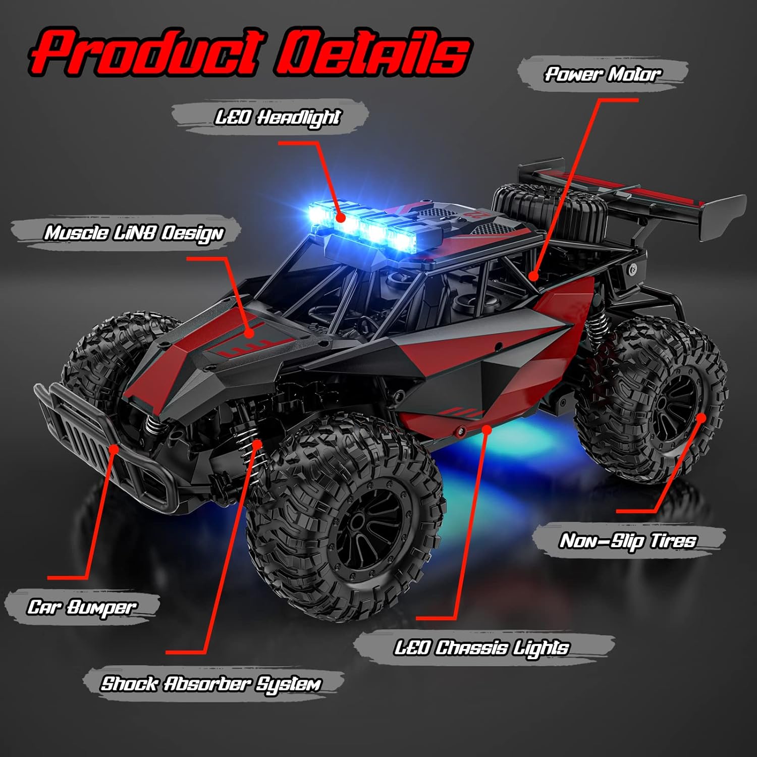 Remote Control Car, 2.4GHz High Speed 33KM/H RC Cars Toys, 1:12 Monster RC Truck Off Road, with LED Headlight and Rechargeable Battery Gifts for Adults Boys 8-12 - Toyigo