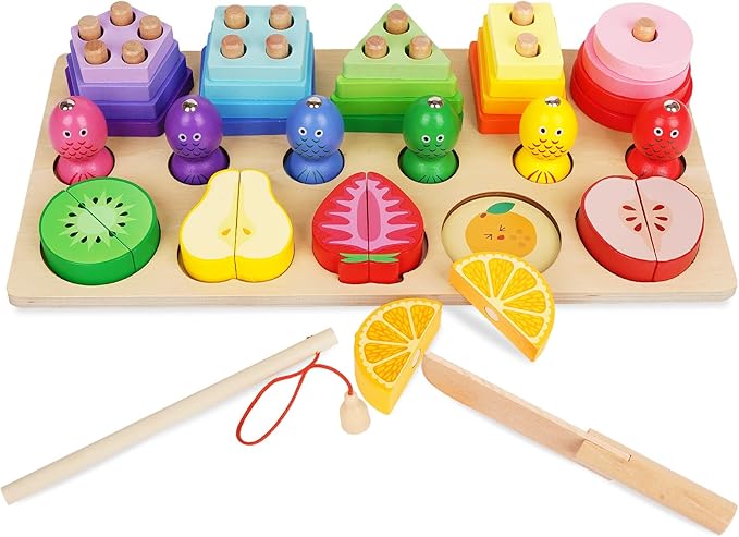 3-in-1 Multifunctional Wooden Toy Set - Fishing, Fruit Cutting, & Geometric Shape Matching for Early Childhood Education