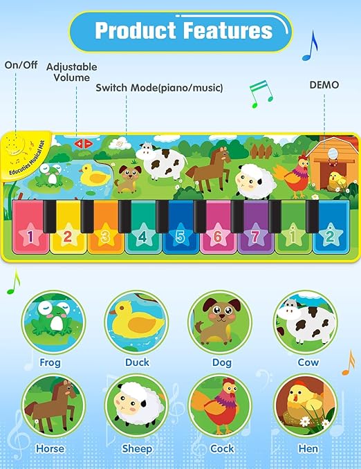 Floor Piano Playmat for Toddlers, Baby Musical Learning Toys, Animal Flash Cards Music Sound, Education Touch Keyboard Blanket, Birthday for Baby Boys Girls - Toyigo