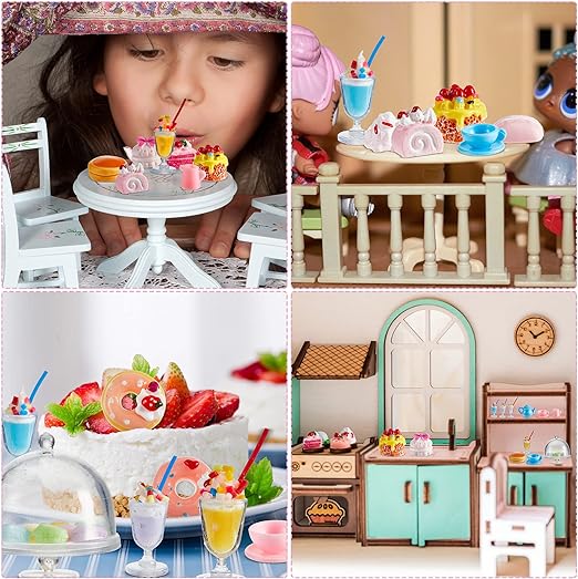 48 Pieces Miniature Food Drinks Bottle Toys, Mixed Pretend Food for Dollhouse Kitchen Accessories, Mini Cooking Food Toys for Kids Fake Cake, Ice, Cream Bread