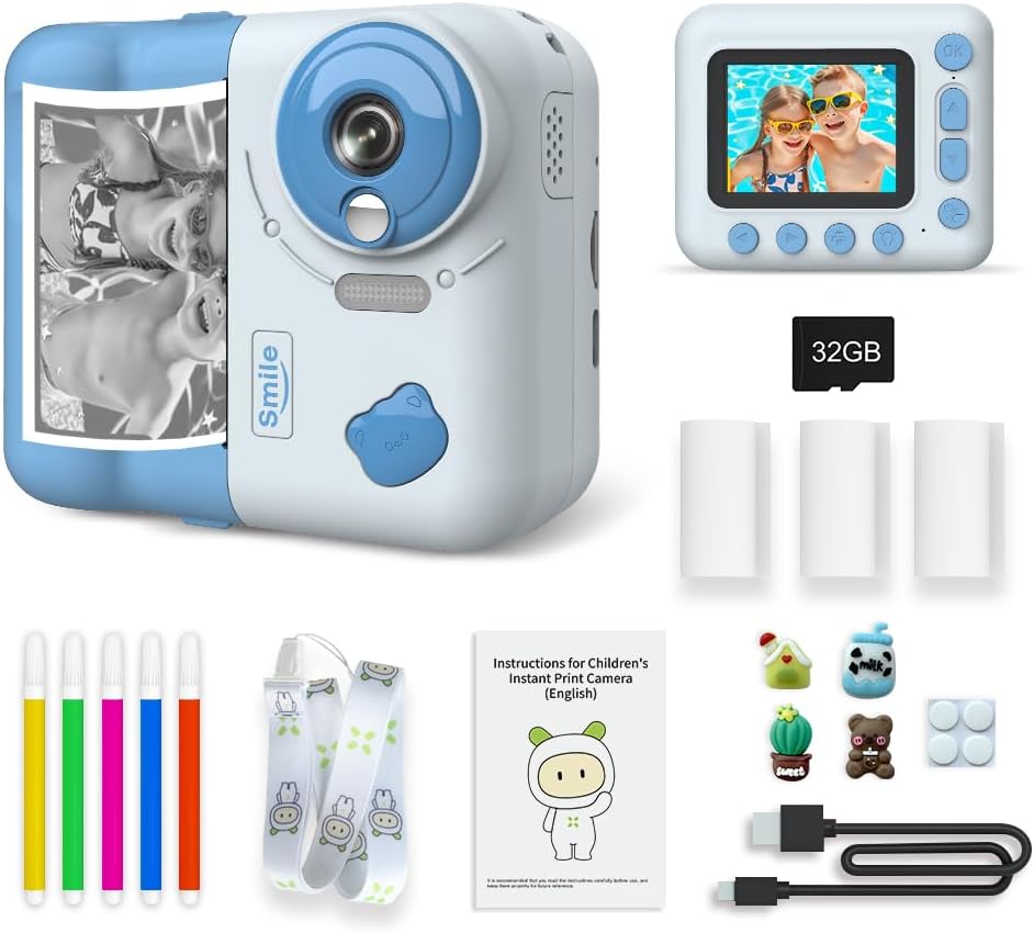 Kids Instant Print Camera, 1080P Digital Kids Camera, 2.4 Inch IPS Screen 10X Zoom Built-in Battery with Thermal Printing Paper Color Pens Neck Strap