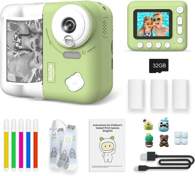 Kids Instant Print Camera, 1080P Digital Kids Camera, 2.4 Inch IPS Screen 10X Zoom Built-in Battery with Thermal Printing Paper Color Pens Neck Strap