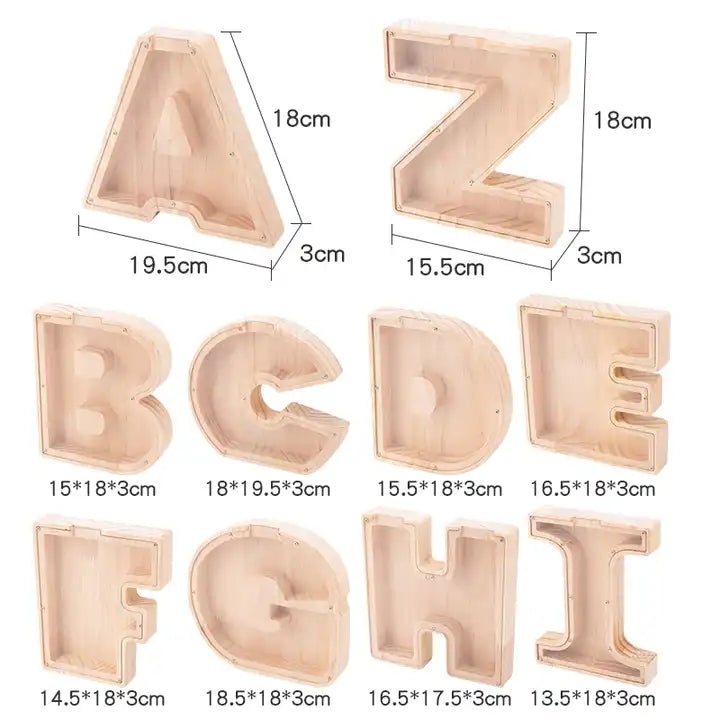 Wooden Transparent Coin Bank with 26 Letters | Creative Desktop Storage for Kids | Ideal Gift Money Box