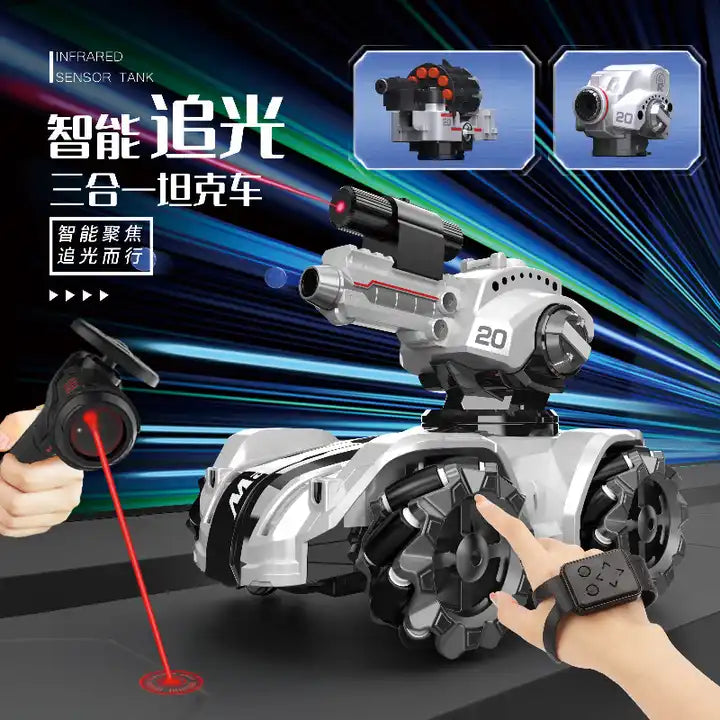 Laser Chaser 3-in-1 Gesture Sensor Hand Control Shoot Bubble Music Light Driving RC Drift Tank Toy