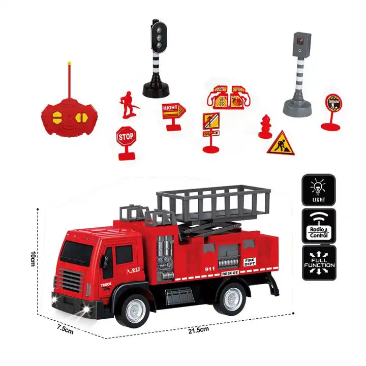 Kids Toy Engineering Construction Truck Play Set - Fire Engine Vehicle with RC Car