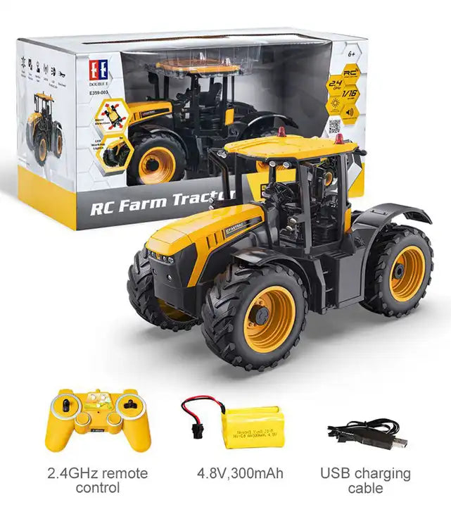 Double E 1/16 Scale JCB Authorized RC Farmer's Truck - 2.4G Remote Control Engineering Car with Lights and Sound