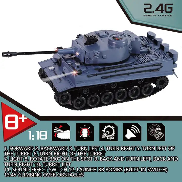 RC Tank 2.4G - Light and BB Bomb Launching German Tiger Miniature 1/18