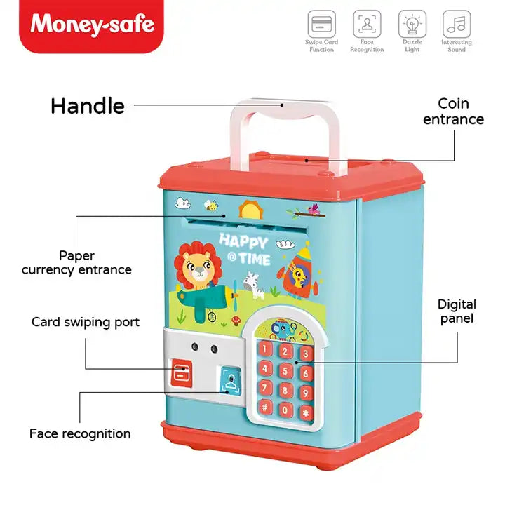 Face Recognition Fingerprint ATM Piggy Bank | Kids ATM Machine Bank with Auto-Rolling Cash, Password, and Bank Card