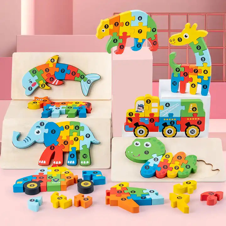 CPC Best 3D Eco-Friendly Dinosaur Car Cartoon Jigsaw Puzzle Educational Wooden Game for Kids