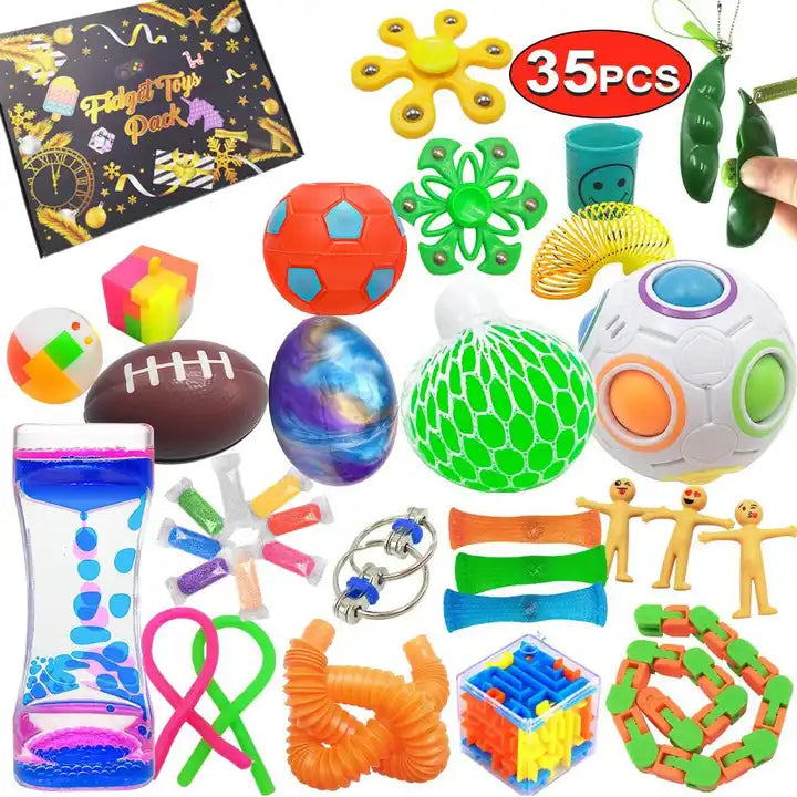 Fidget Sensory Toys Set | Pack with Fidget Spinners, Squishy Mochi Toys, Stress Balls & Advent Calendar Mystery Box