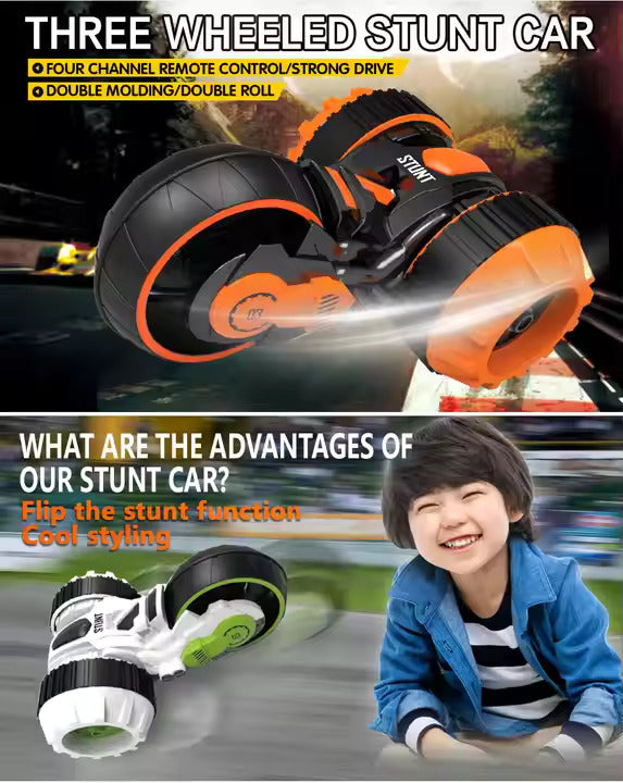 4-Channel 3-Wheel RC Stunt Car – 360° Rotation & Tumbling Remote Control Vehicle Toy for Kids