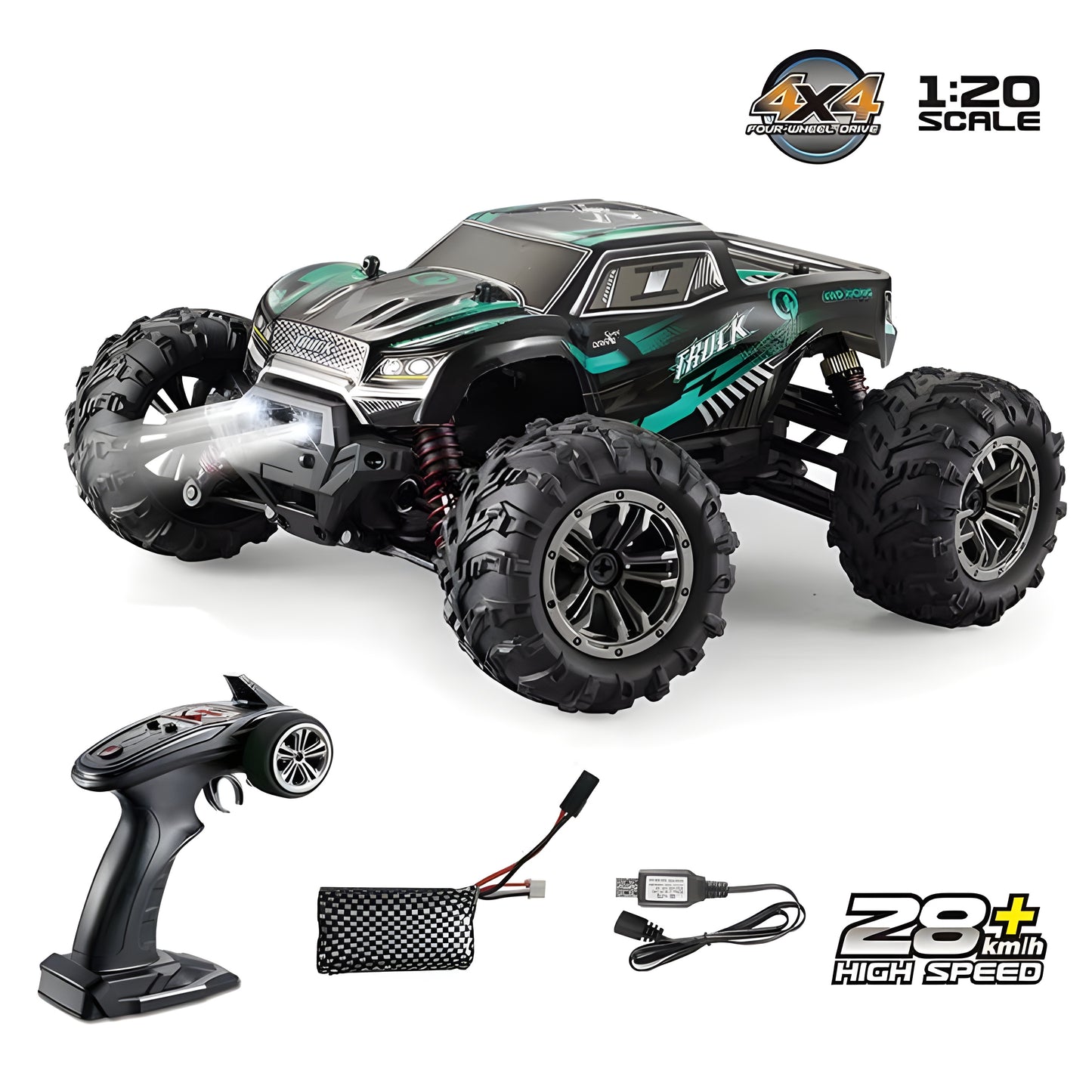 1:20 Scale 2.4G High-Speed RC Monster Truck - 4x4 Off-Road Electric Racing Car | App-Controlled, Ready-to-Go for Beginners to Experts | 28km/h Speed, 60-80m Remote Range, 7.4V Li-Ion Battery Included