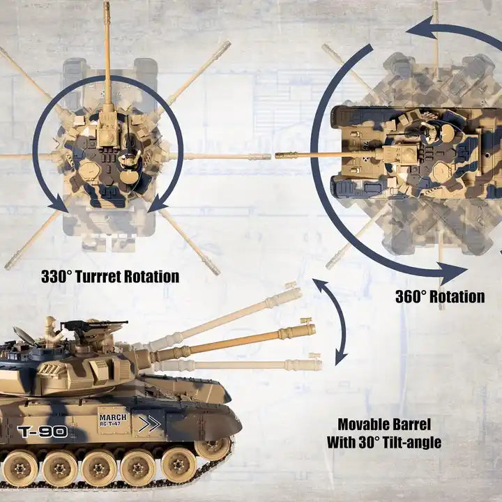 1/18 RUS T-90 RC Battle Tank - Military Vehicle Model Toy with BB Airsoft Shooting Function