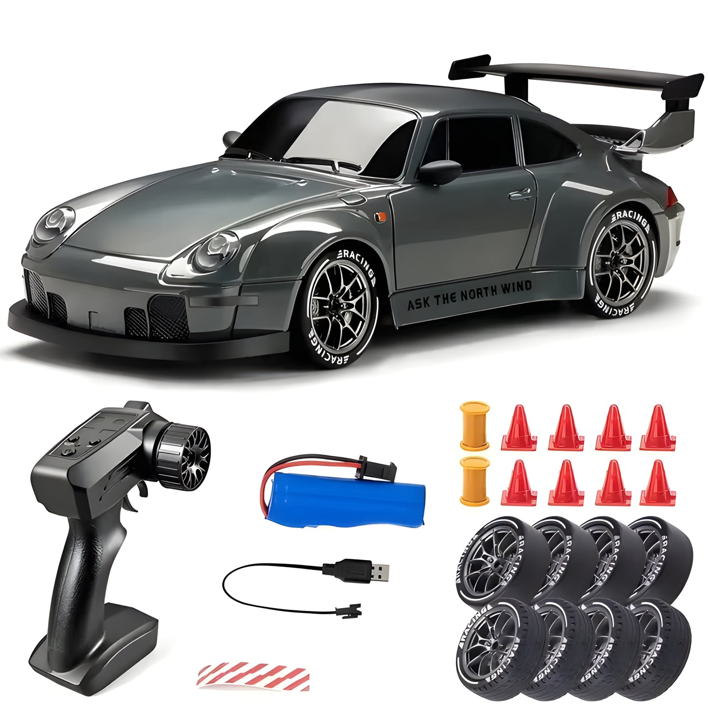 1:24 RC 4WD Porsche 911 GTR Drift Car - 2.4GHz Remote Control Racing Sports Car with Gyroscope & LED Lights