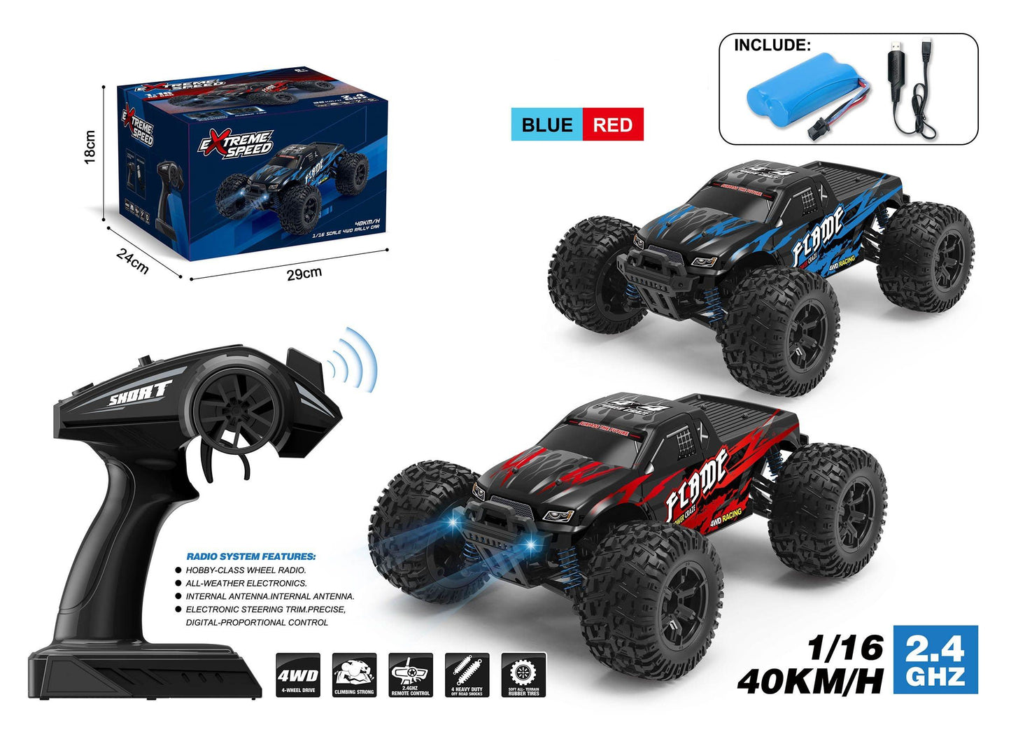 1:16 Scale 2.4GHz High-Speed Remote Control Monster Car – 4WD Cross Country Racing RC Vehicle for Kids