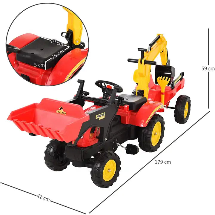 Kids Pedal Tractor Ride-On Toy Car - Excavator Tractor with Bucket and Removable Digger