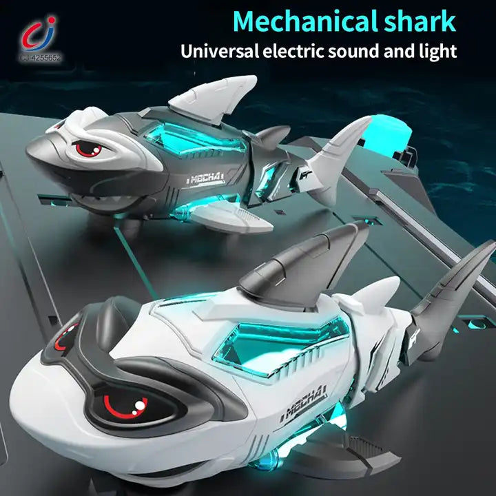 Kids Electric Robot Shark Toy with Tail Movement, Lights, and Music - Battery-Powered Universal Wheel Design