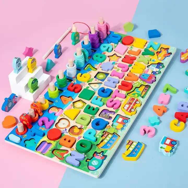 Children?s Early Educational 3D Wooden Animal Geometric Shapes Puzzle Fishing Game | Sensory Montessori Toys