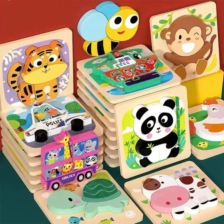 Montessori Wooden 3D Jigsaw Puzzles Cube | Cartoon DIY Educational Learning Fidget Board Games Toys for Kids Boys & Girls