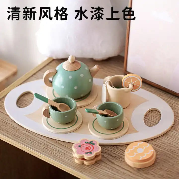 Kids Mini Wooden Kitchen Simulation Tea Toy Set - Afternoon Tea Cup Set for Girls | Role Pretend Play Wooden Toys for Toddlers