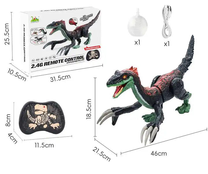 5-Channel Remote Control Velociraptor Dinosaur Toy - Electronic RC Dino with Spray and LED Light Features