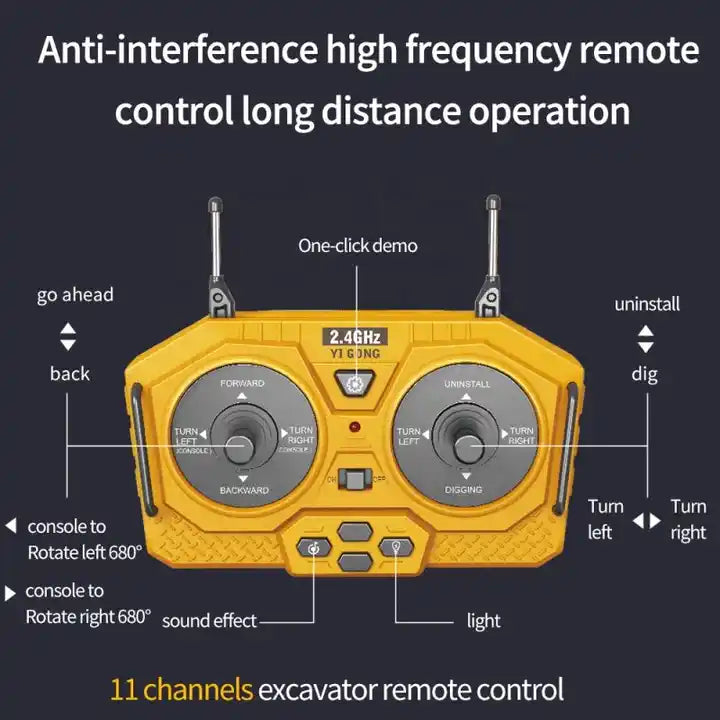 1:20 2.4G 11-Channel Alloy RC Excavator Toy - Radio Control Digger Set for Kids