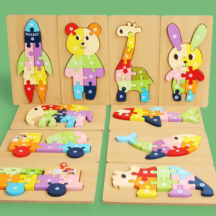 Montessori Cartoon Early Education Wooden Jigsaw Puzzle Board Game for Children