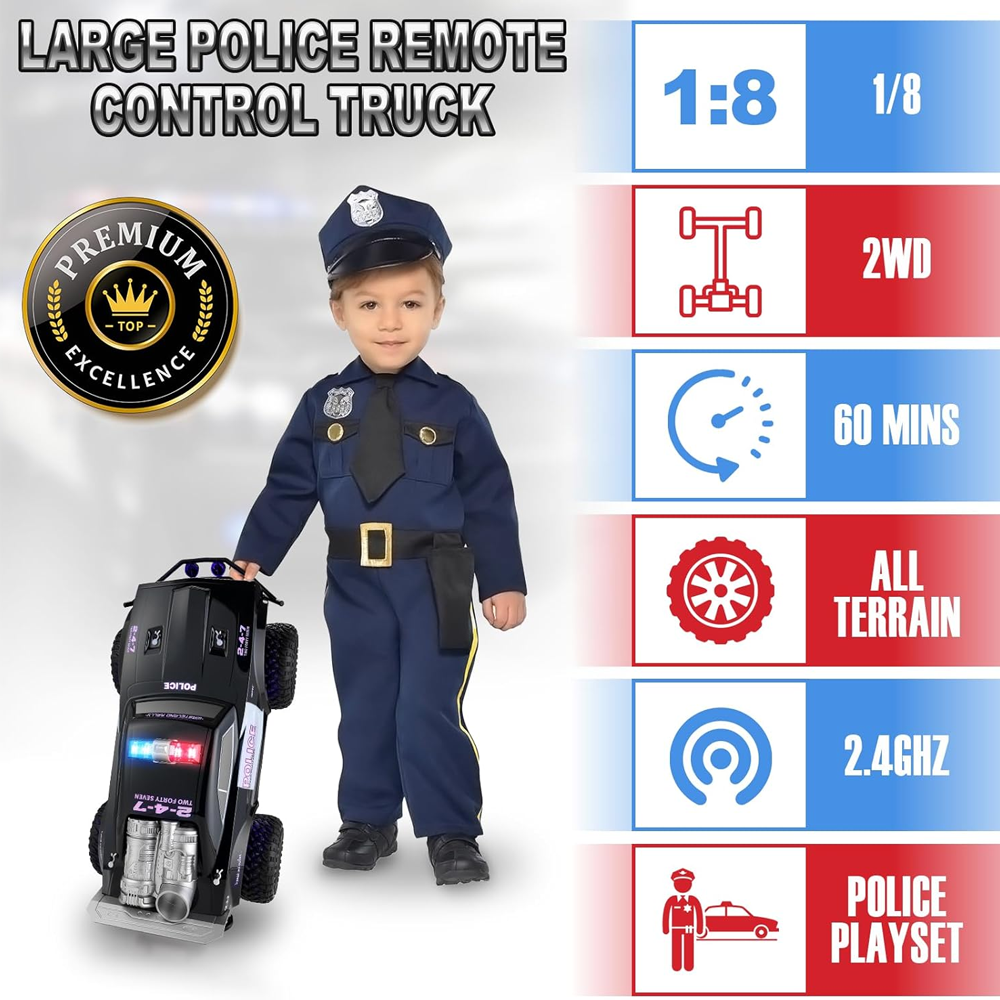 1:8 Scale Remote Control Police Car Toy with Lights & Sirens – Durable Cop Car for Boys Role-Playing Fun