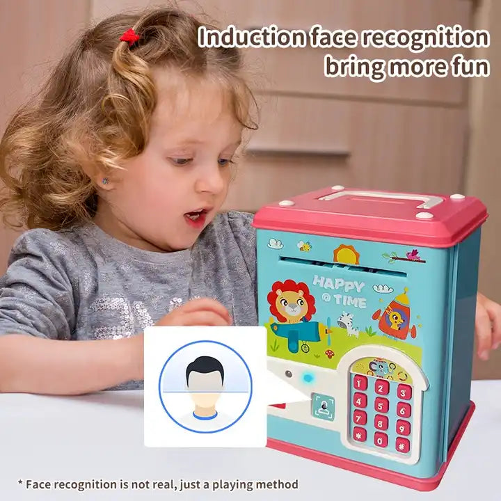 Face Recognition Fingerprint ATM Piggy Bank | Kids ATM Machine Bank with Auto-Rolling Cash, Password, and Bank Card