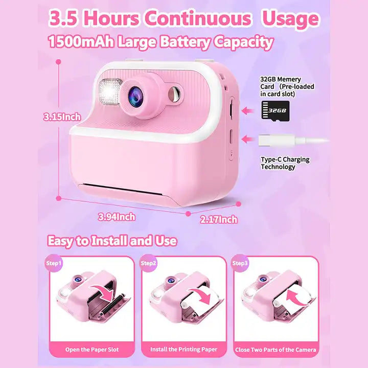 Kids Timely Printing Camera - Cute Cartoon HD Instant Printer Mini Camera