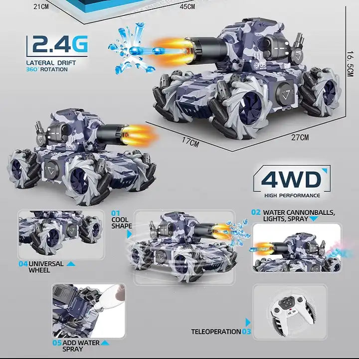 Multiperson Fighting 9 Channel 2.4G Remote Control Tank - Long Range Shooting with Spray, Sound, and Light