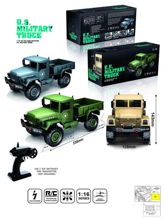 1:16 Scale Off-Road Crawler Military Truck - 2.4G Remote Control Toy