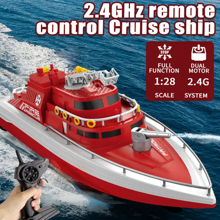 2.4GHz Dual Motor High-Speed Remote Control Boat - RC Fire Rescue Patrol Model with Spray Water