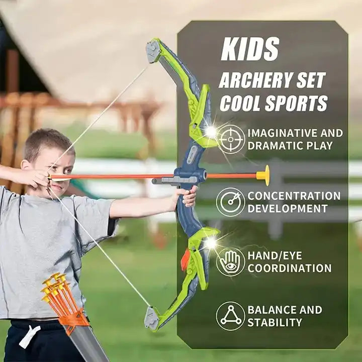 Bow and Arrow Set for Kids | Green Light Up Archery Toy Set with Suction Cup Arrows, Target & Quiver