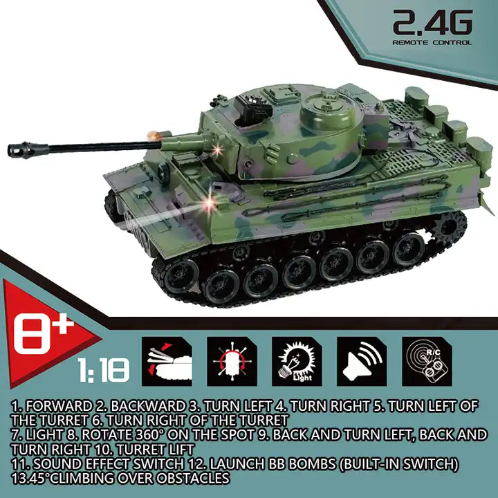 German Tiger Tank 2.4G - Light and BB Bomb Launching Miniature RC Toy Tank