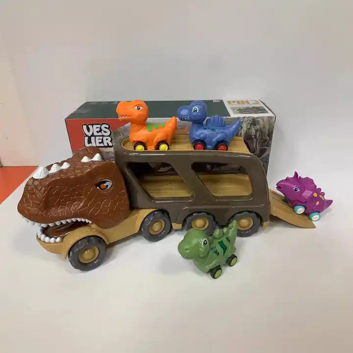 Jiefan Sound and Light Transport Double-Decker Tractor Dinosaur Car Set Toy