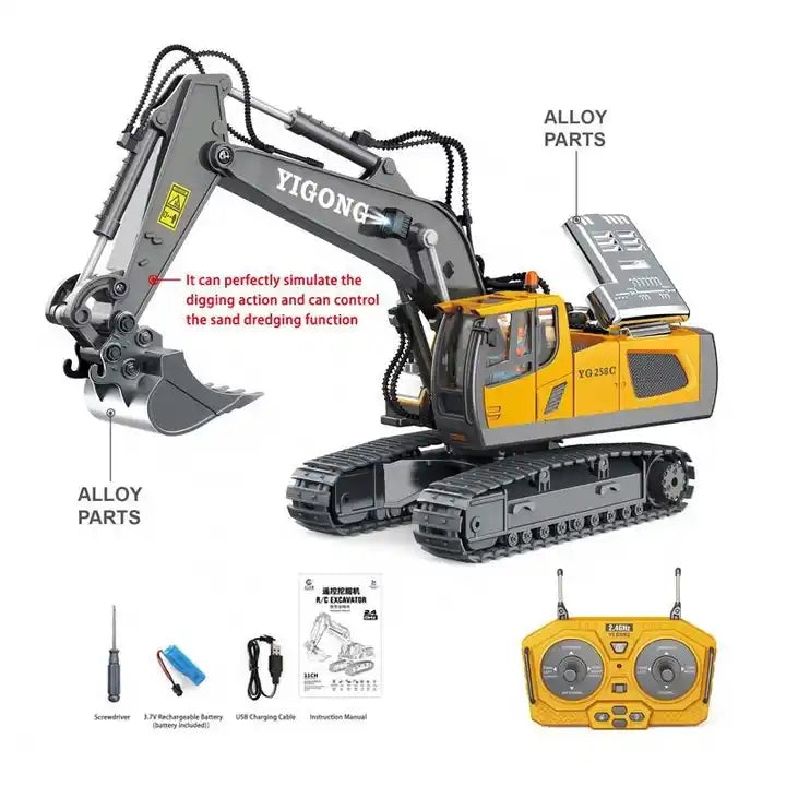 1:20 2.4G 11-Channel Alloy RC Excavator Toy - Radio Control Digger Set for Kids