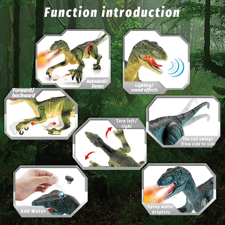 RC Velociraptor Dinosaur Toy - 2.4G Simulation Walking Robot with Music, Light, and Spray Features for Kids Ages 5-10 Years